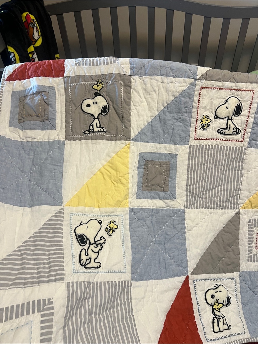 Peanuts Snoopy Patchwork Quilt - Gray, White, Yellow, Red